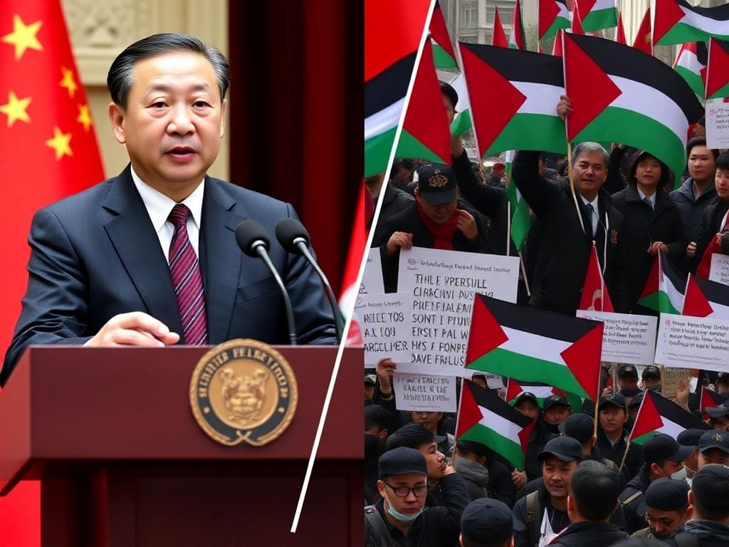 Chinese official delivers a press statement with the Chinese and Palestinian flags