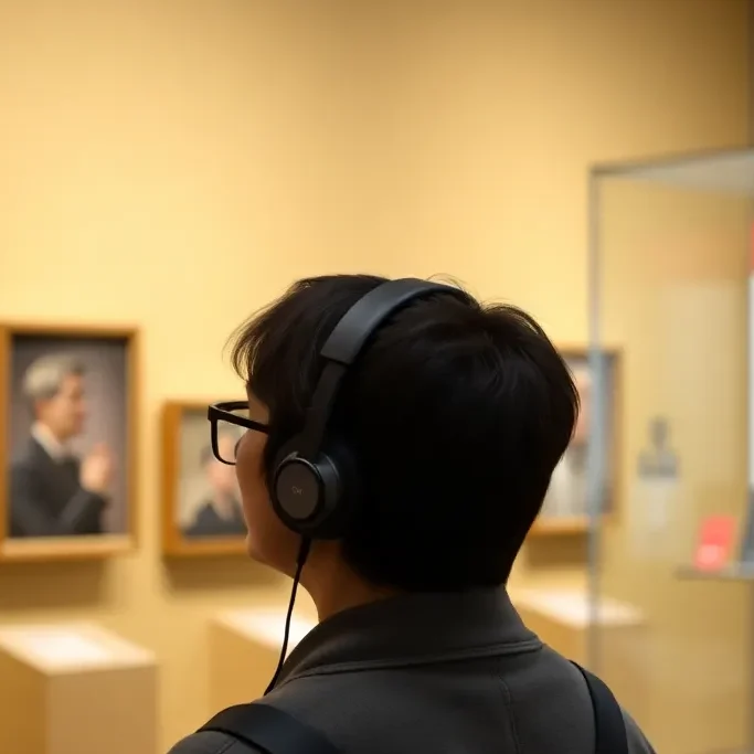 Person standing in a museum exhibit, listening to an audio guide without headphones