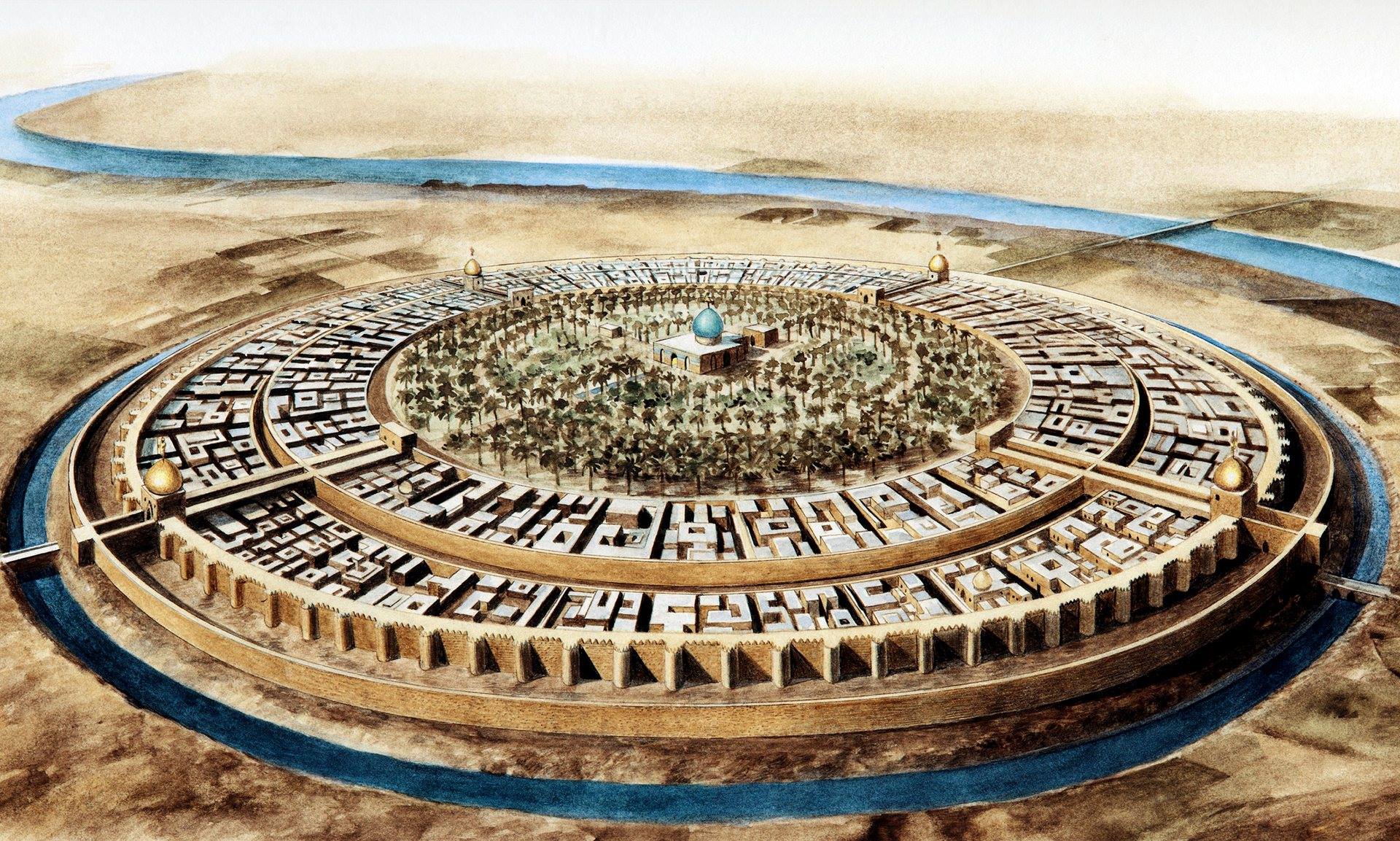 Illustration of the Round City of Baghdad in the 10th century, showcasing its circular design, fortified walls, and central palace