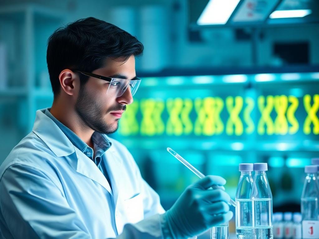 A scientist examining DNA samples in a genetic engineering lab