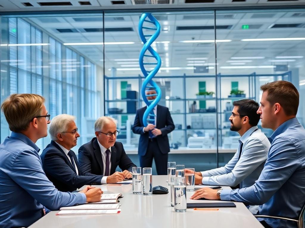 Business executives discussing investments in genetic engineering and de-extinction projects.