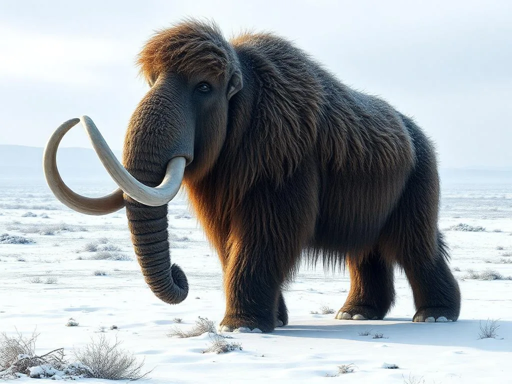 A woolly mammoth walking through the Arctic tundra after genetic revival