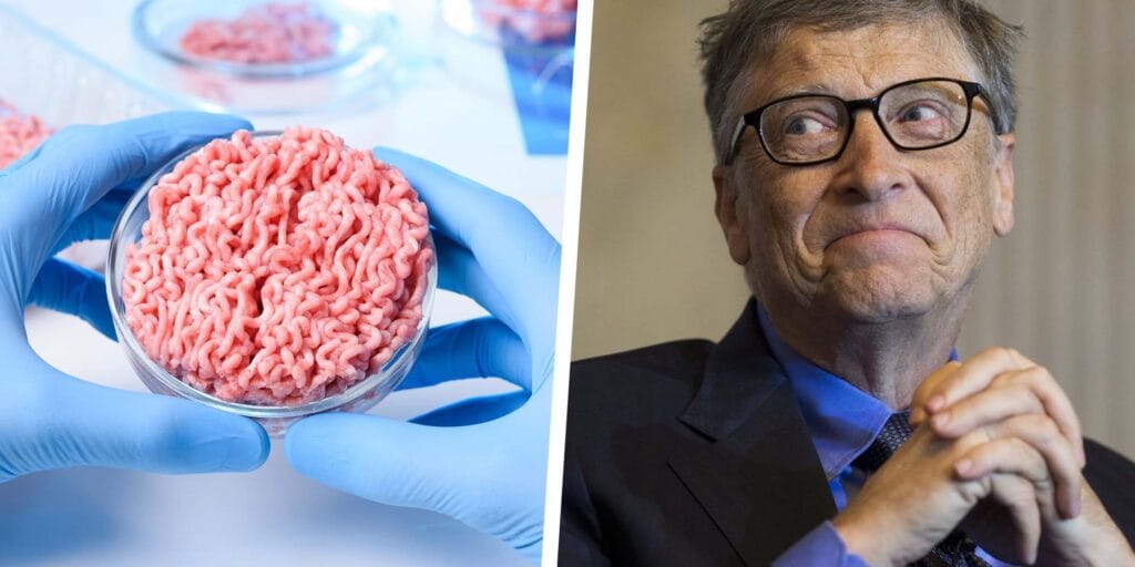 a side by side image of bill gates and the lab meat grown