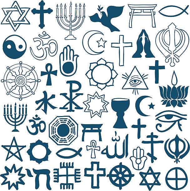 Blue graphic symbols of different religions for the concept of god