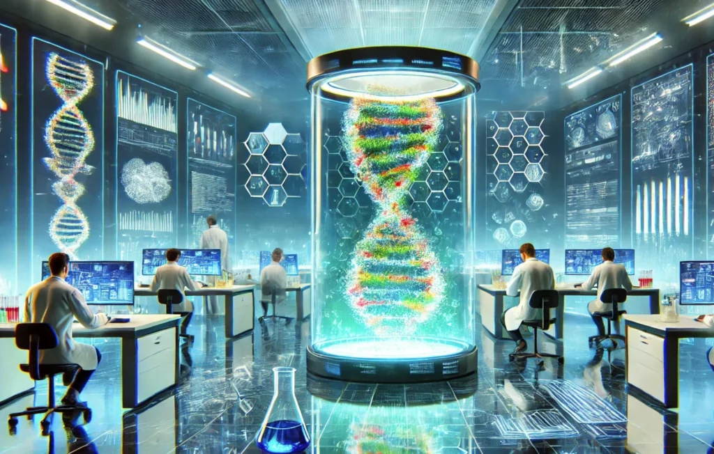 A futuristic split-image showing a traditional silicon chip on one side and DNA strands morphing into circuits on the other