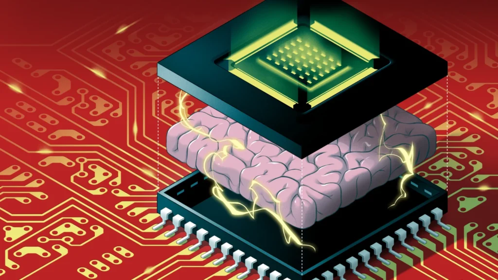 A 3D-rendered biological cell with microprocessors or circuit patterns inside it