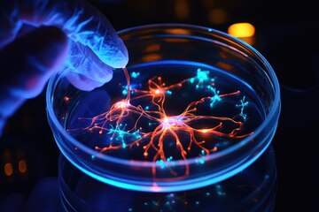 A thought-provoking image showing a robotic hand holding a petri dish with glowing cells