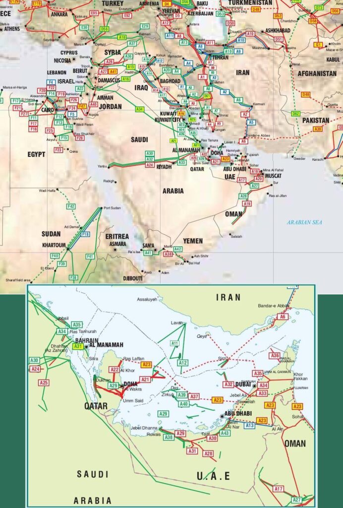 Middle East oil reserves and strategic trade routes map