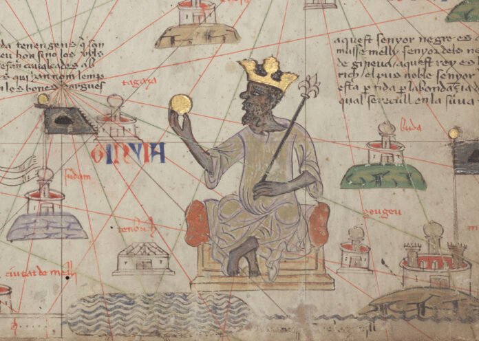 Gold coins and maps of the Mali Empire under Mansa Musa