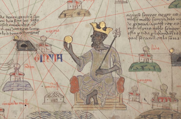 Gold coins and maps of the Mali Empire under Mansa Musa
