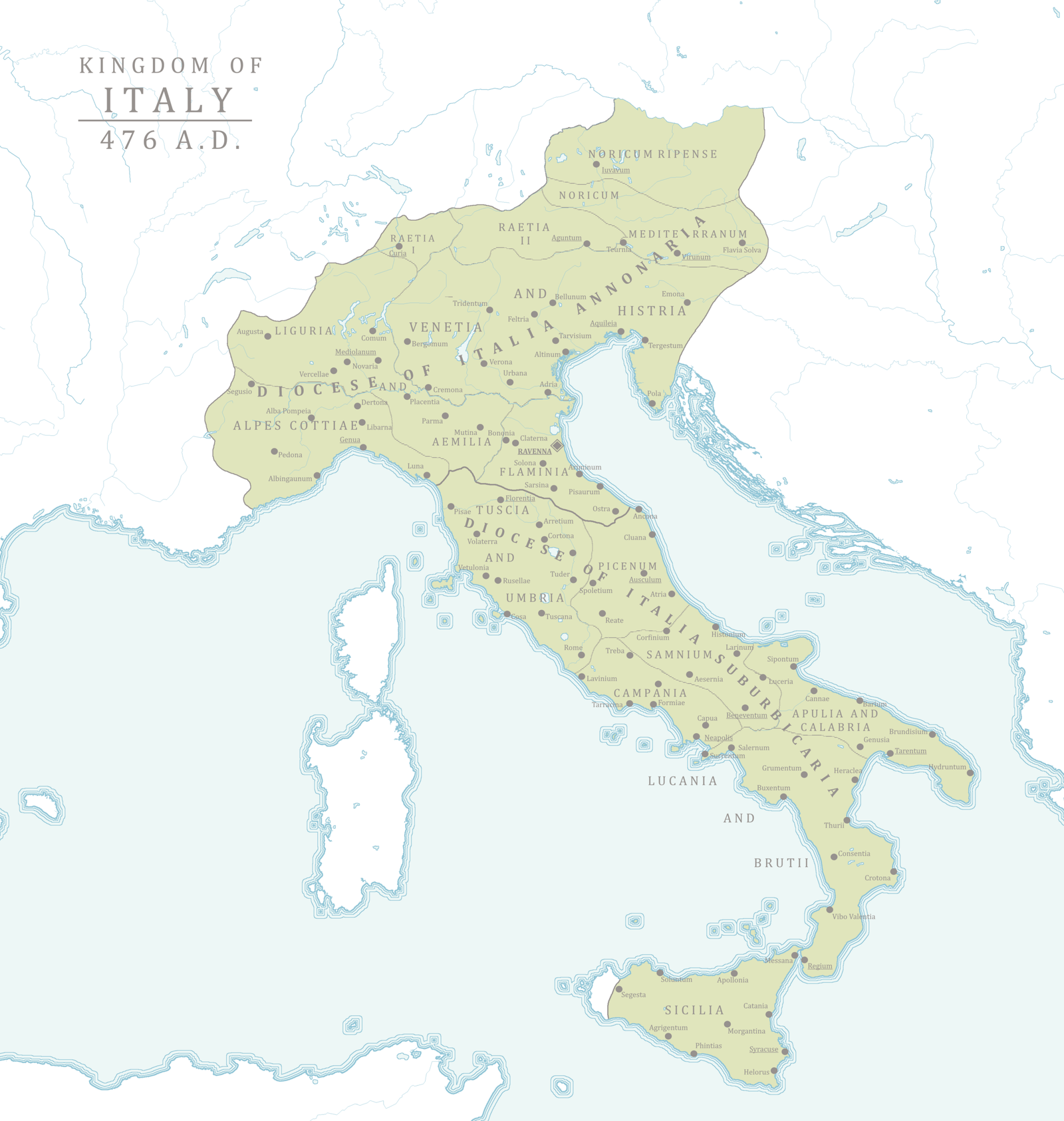 Map of Odoacer's Roman Italy showing administrative boundaries